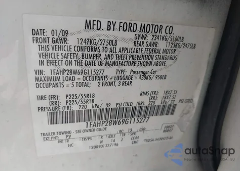 2009 Ford Taurus Limited из США, поврежденный, VIN 1FAHP28W69G115277